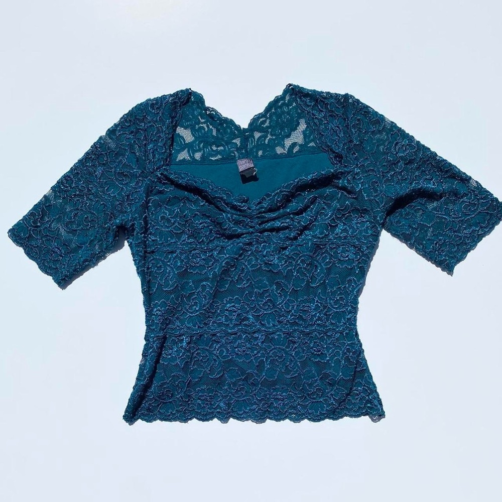 Vinatge 90s Teal Lace Top Women's Medium Y2K 2000s Summer Spring Vacation Casual